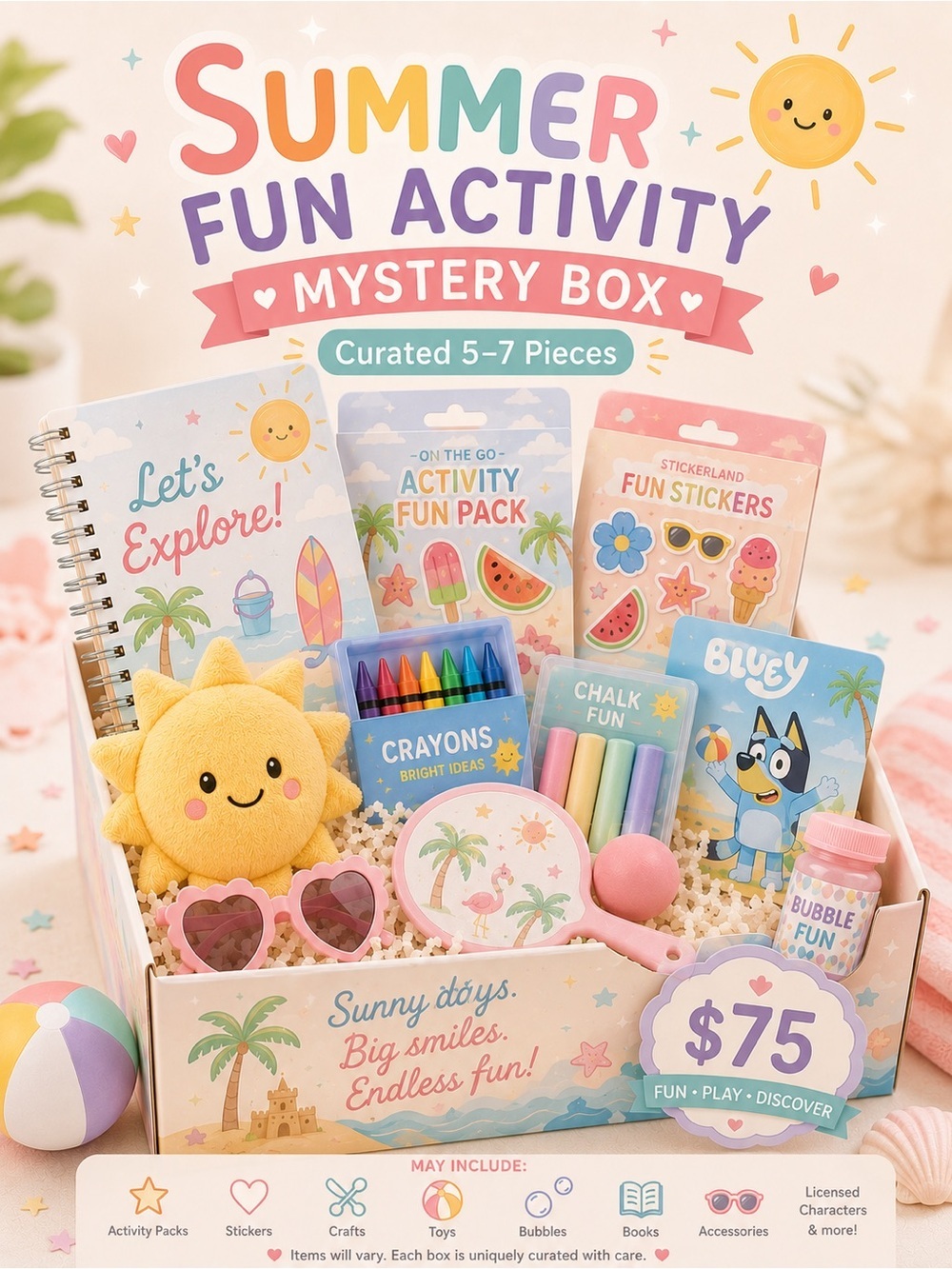 ๐ Summer โ๏ธ Fun Activity Mystery Box Kids Crafts Toys Bubbles Stickers 5โ7 Pc